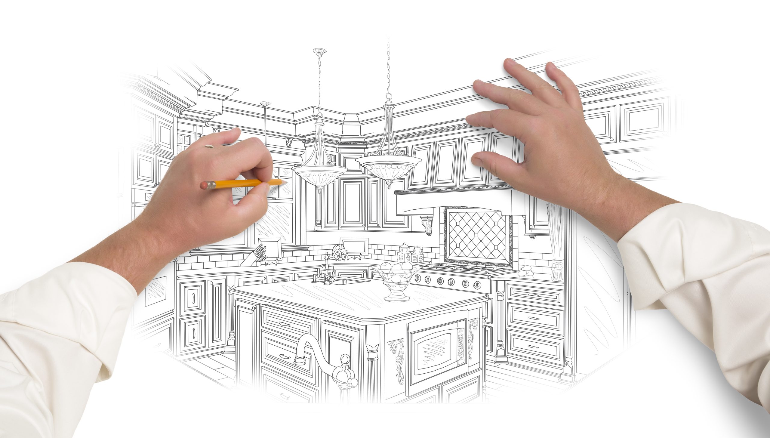 Male Hands Sketching with Pencil the Outline of a Beautiful Custom Kitchen.